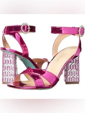 Betsey Johnson Fuchsia Metallic Rhinestone Block Heels - Size 7